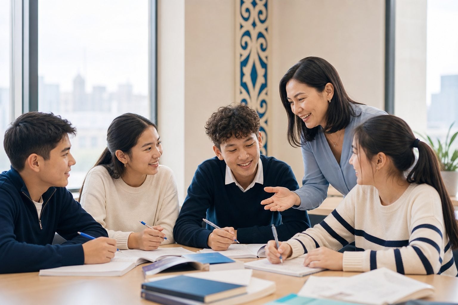 Kazakh school students learning English with their teacher