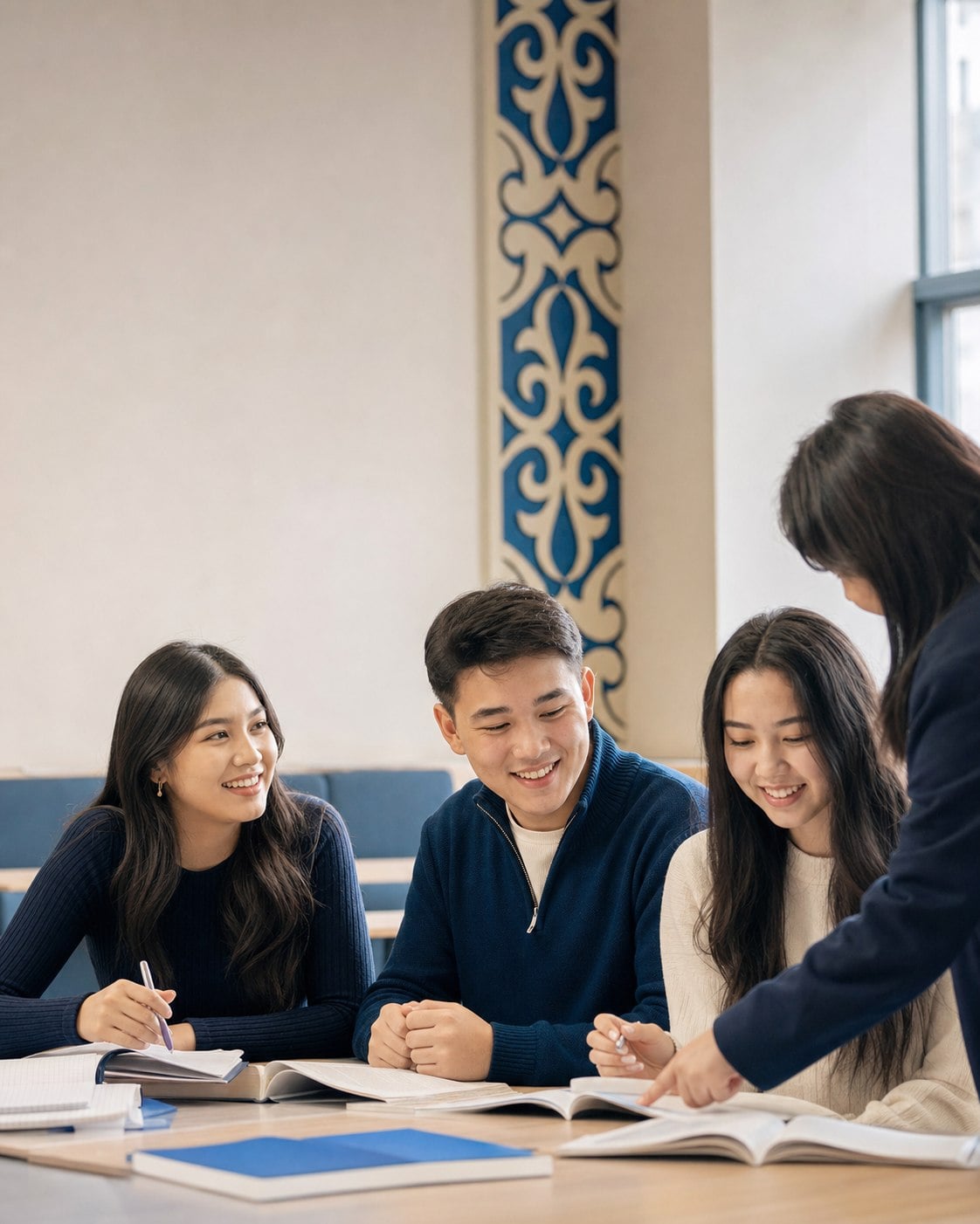 Kazakh students learning together with their teacher in Astana